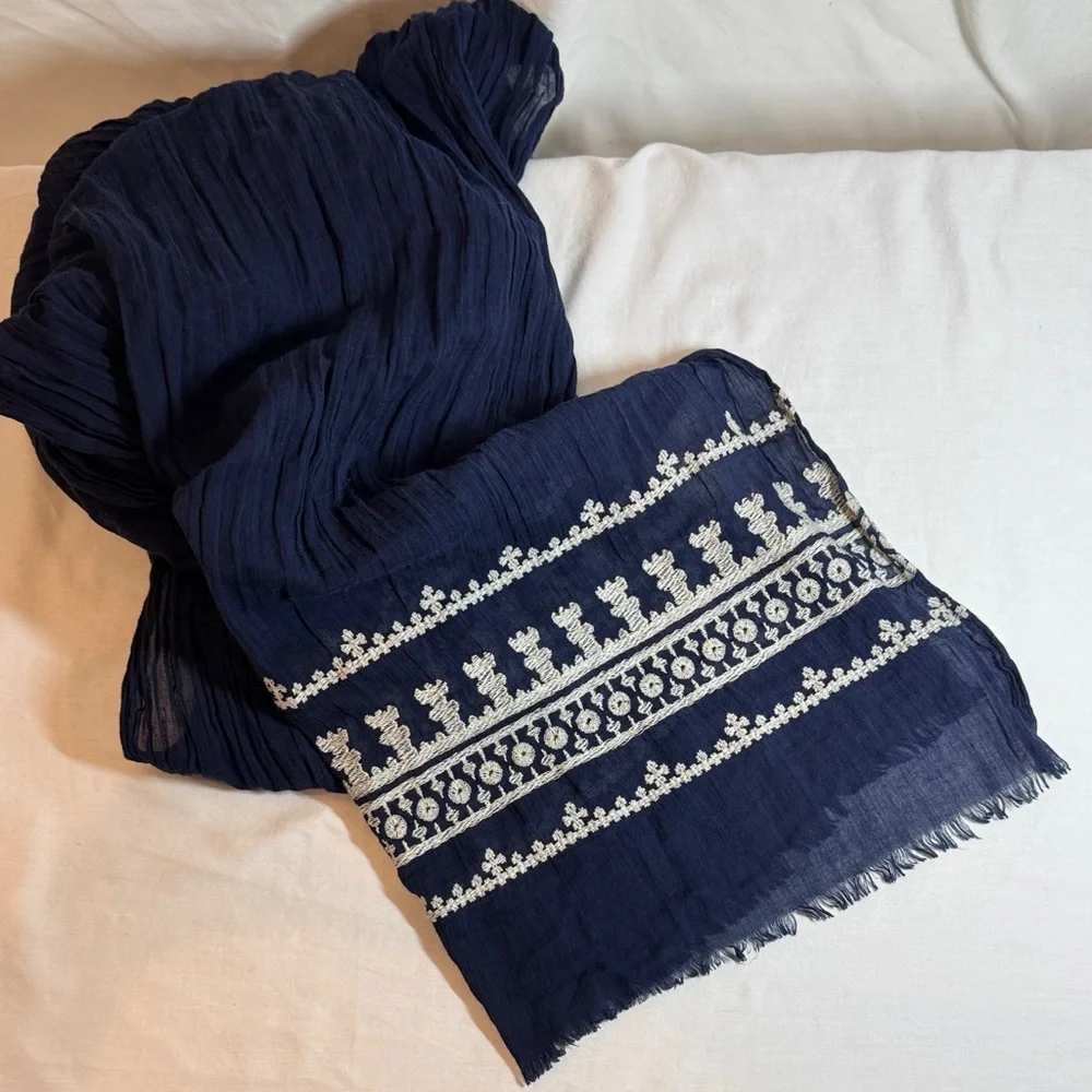 Navy Blue Embroidered cotton scarf.